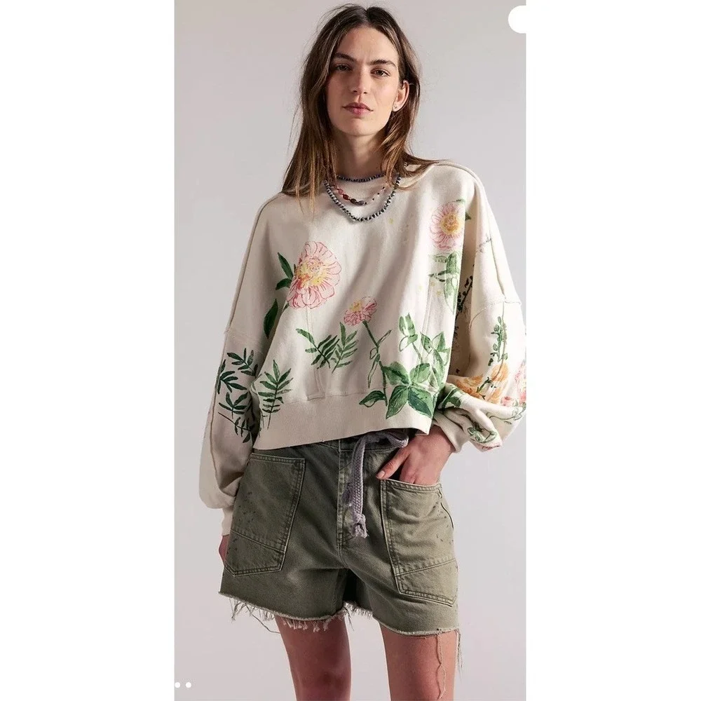 FREE PEOPLE Gaia Floral Sweatshirt XS Oversized Garden Boho Forest Fairy